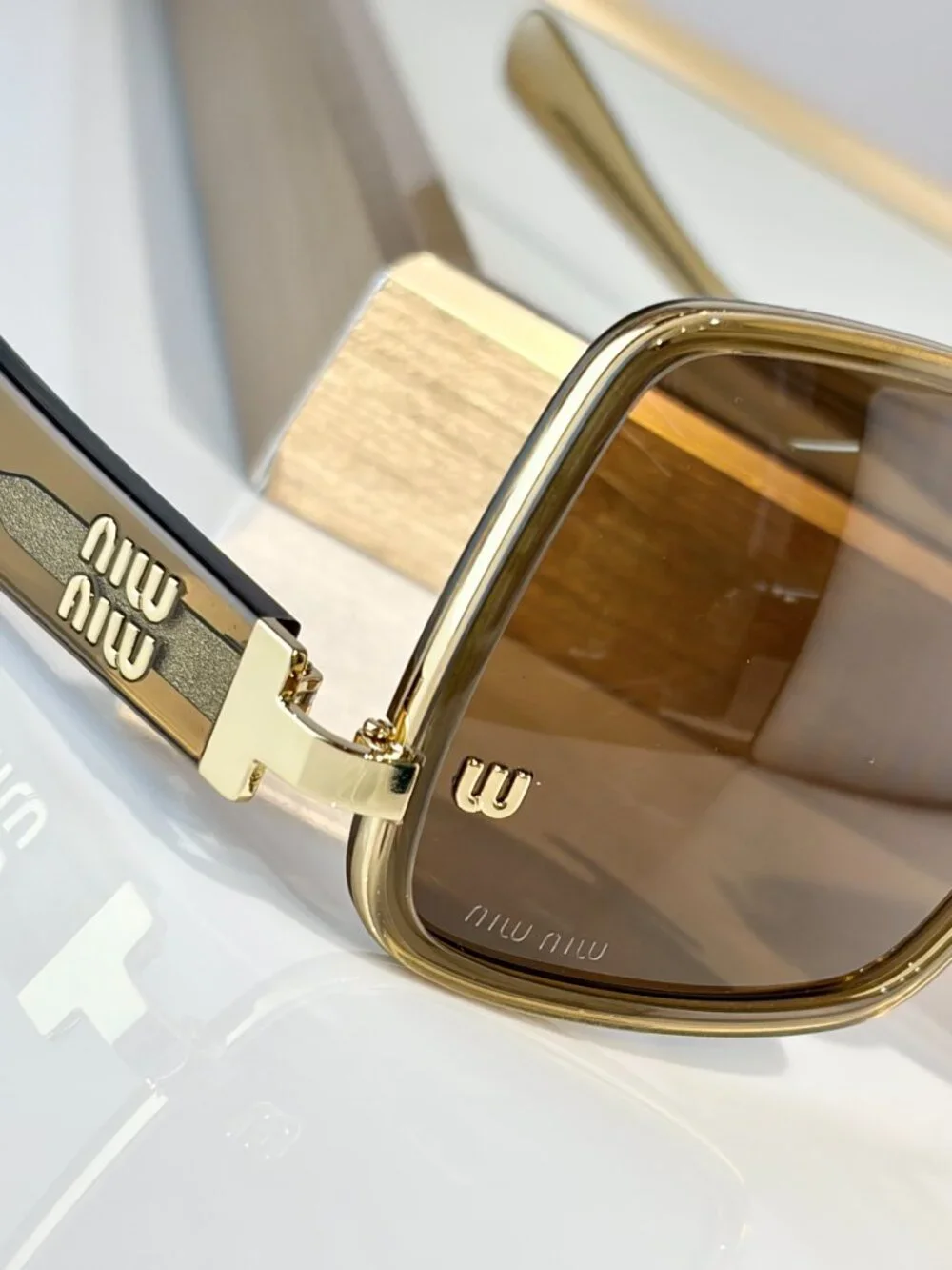 Miu Miu Oversized Square Sunglasses Brown Lenses Gold Olive Frame Women’s